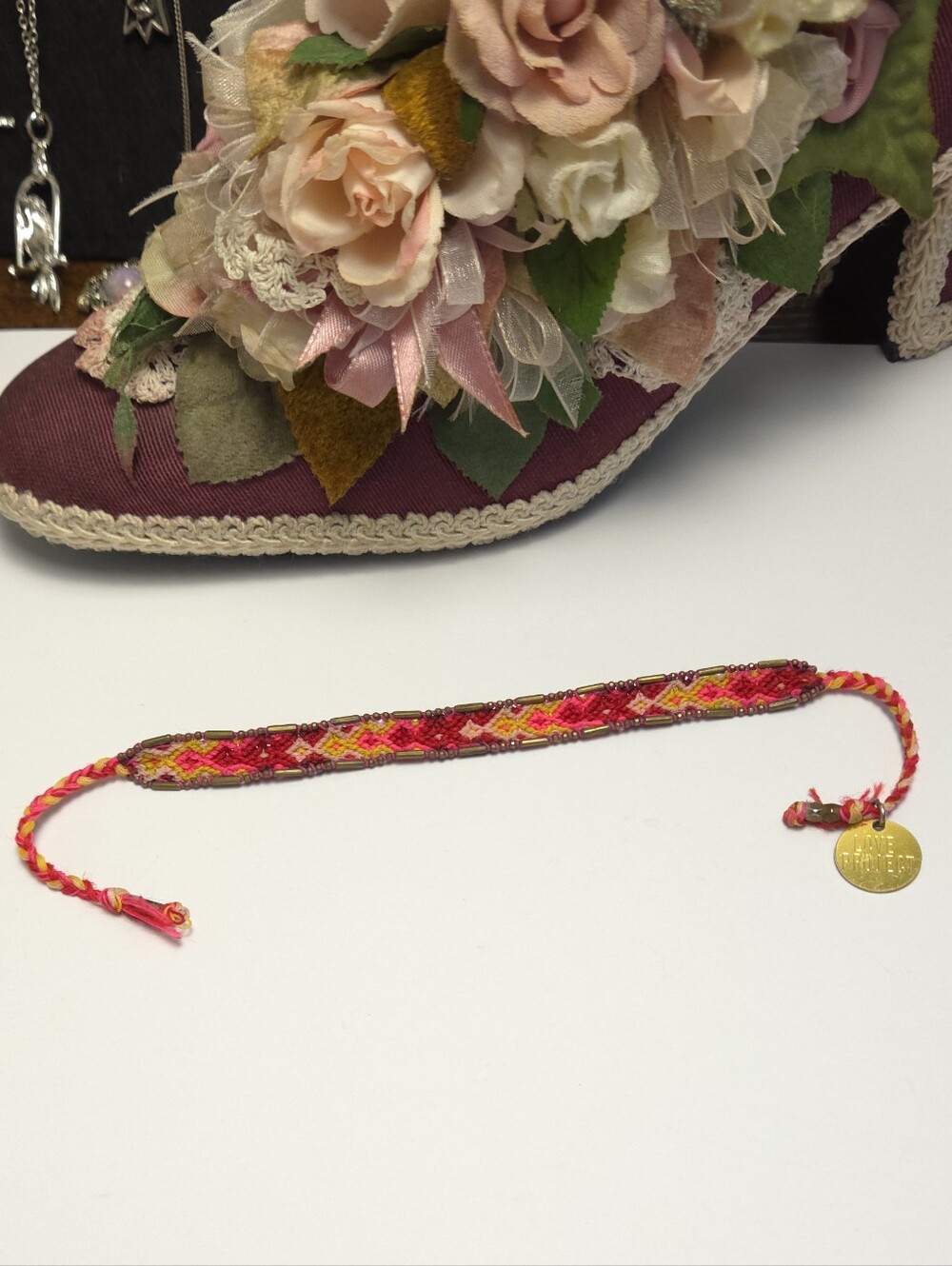 Love is Project Fire Burst Bali Friendship Bracelet Pink Red & Yellow w/Charm